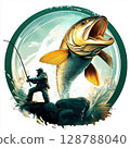 Fishing scene logo design, Emblem with silver and yellow fish, Large fish with open mouth, Spiky tail fish illustration, Aggressive fishing emblem artwork 128788040