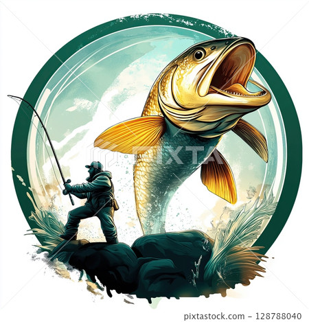 Fishing scene logo design, Emblem with silver and yellow fish, Large fish with open mouth, Spiky tail fish illustration, Aggressive fishing emblem artwork 128788040
