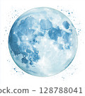 3D watercolor full moon illustration, Light blue moon with dark blue spots, Full moon in center of image, Artistic moon design in watercolor style, Celestial moon artwork 128788041