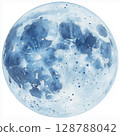 3D watercolor full moon illustration, Light blue moon with dark blue spots, Full moon in center of image, Artistic moon design in watercolor style, Celestial moon artwork 128788042
