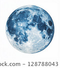 3D watercolor full moon illustration, Light blue moon with dark blue spots, Full moon in center of image, Artistic moon design in watercolor style, Celestial moon artwork 128788043