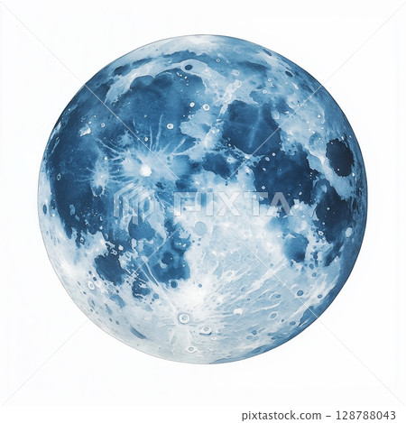 3D watercolor full moon illustration, Light blue moon with dark blue spots, Full moon in center of image, Artistic moon design in watercolor style, Celestial moon artwork 3D watercolor full moon illustration, Light blue moon with dark blue spots, Full moon in center of image, Artistic moon design in watercolor style, Celestial moon artwork 128788043