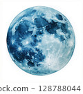 3D watercolor full moon illustration, Light blue moon with dark blue spots, Full moon in center of image, Artistic moon design in watercolor style, Celestial moon artwork 128788044
