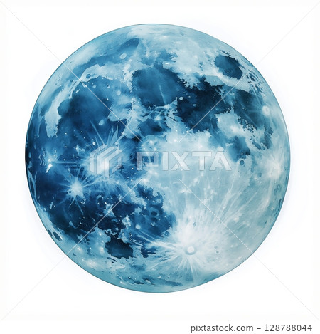 3D watercolor full moon illustration, Light blue moon with dark blue spots, Full moon in center of image, Artistic moon design in watercolor style, Celestial moon artwork 3D watercolor full moon illustration, Light blue moon with dark blue spots, Full moon in center of image, Artistic moon design in watercolor style, Celestial moon artwork 128788044