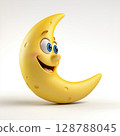 3D cartoon crescent moon illustration, Smiling yellow moon character, Crescent moon with blue eyes, Cute cartoon moon design, Happy moon with small nose 128788045