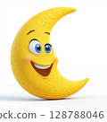 3D cartoon crescent moon illustration, Smiling yellow moon character, Crescent moon with blue eyes, Cute cartoon moon design, Happy moon with small nose 128788046