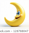 3D cartoon crescent moon illustration, Smiling yellow moon character, Crescent moon with blue eyes, Cute cartoon moon design, Happy moon with small nose 128788047