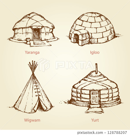 Ethnic homes of different nations. Vector drawing Ethnic homes of different nations. Vector drawing 128788207