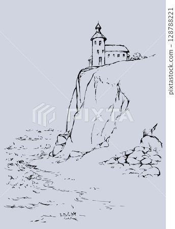Lighthouse on a rock. Vector drawing 128788221