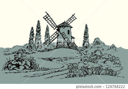 Vector drawing. The outline of the summer landscape with mill 128788222