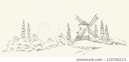 Vector drawing. The outline of the summer landscape with mill Vector drawing. The outline of the summer landscape with mill 128788223