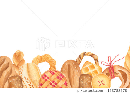 Watercolor bread and pastry border illustration isolated on white Watercolor bread and pastry border illustration isolated on white 128788278