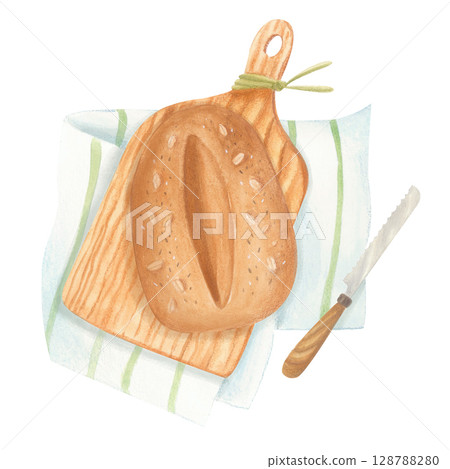 Watercolor isolated illustration of artisan bread on wooden board with knife and towel. 128788280