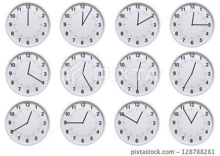 Set of white analog wall clocks showing each hour from 00:00 to 00:55 or 12:00 to 12:55, on white background. Ideal for concepts of time, scheduling. Set of white analog wall clocks showing each hour from 00:00 to 00:55 or 12:00 to 12:55, on white background. Ideal for concepts of time, scheduling. 128788281
