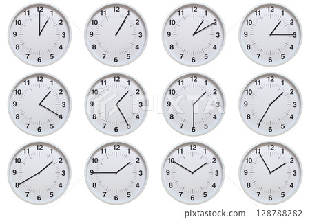 Set of white analog wall clocks showing each hour from 01:00 to 01:55 or 13:00 to 13:55, on white background. Ideal for concepts of time, scheduling. 128788282