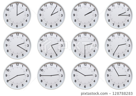 Set of white analog wall clocks showing each hour from 02:00 to 02:55 or 14:00 to 14:55, on white background. Ideal for concepts of time, scheduling. 128788283
