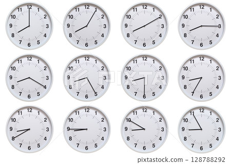 Set of white analog wall clocks showing each hour from 08:00 to 08:55 or 20:00 to 20:55, on white background. Ideal for concepts of time, scheduling. Set of white analog wall clocks showing each hour from 08:00 to 08:55 or 20:00 to 20:55, on white background. Ideal for concepts of time, scheduling. 128788292