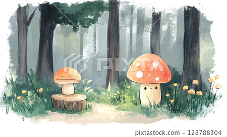 Delve into a whimsical forest scene with charming mushrooms and serene greenery Delve into a whimsical forest scene with charming mushrooms and serene greenery 128788304