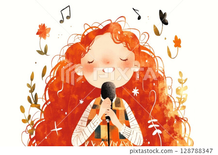 Whimsical singing captures the heart of a free spirit surrounded by music notes and flowers 128788347