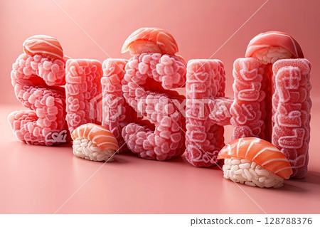 Sushi-inspired 3D typography art pops with vibrant pink textures and realistic sushi toppings 128788376