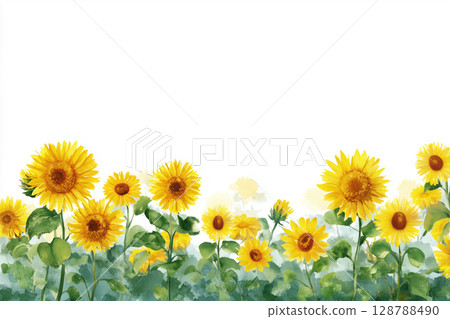 [水彩向日葵夏日背景]明亮清爽的框架風格插畫素材 128788490