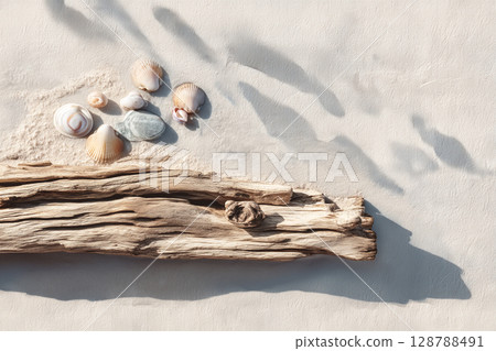 【沙灘上的浮木與貝殼】用天然材質打造的極簡夏日海濱風光 128788491