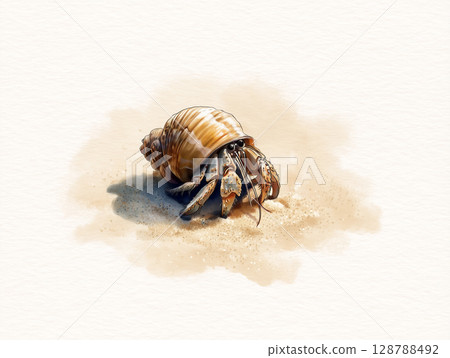 [水彩風格的寄居蟹插圖]站在沙灘上的可愛夏日海濱景色 128788492