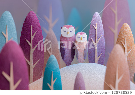 Mysterious forest and landscape with owls Mysterious forest and landscape with owls 128788529