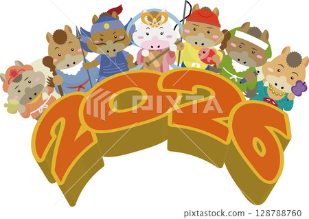 2026年生肖馬變身七福神！新年吉祥插畫 128788760