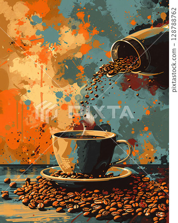 Roasted coffee, authentic coffee. A cup of coffee. roasted coffee beans. AI Generated. Roasted coffee, authentic coffee. A cup of coffee. roasted coffee beans. AI Generated. 128788762
