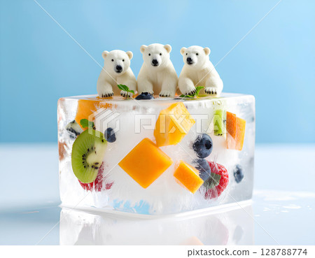 Delicious fruit and polar bear in cubic ice (3D) 128788774