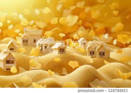 A beautiful townscape with yellow ginkgo leaves (3D) A beautiful townscape with yellow ginkgo leaves (3D) 128788921
