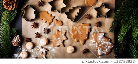 Christmas homemade sweets set. Tradition gingerbreads, cookie cutters, anise stars on baking paper and green spruce. 128788928