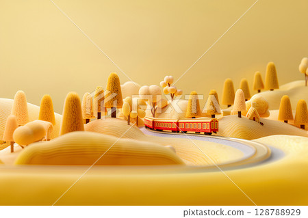 黃色銀杏葉和紅色火車的美麗街道景觀（3D） 128788929