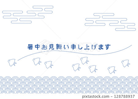 Summer greeting card illustration with wave houndstooth stitch pattern Summer greeting card illustration with wave houndstooth stitch pattern 128788937