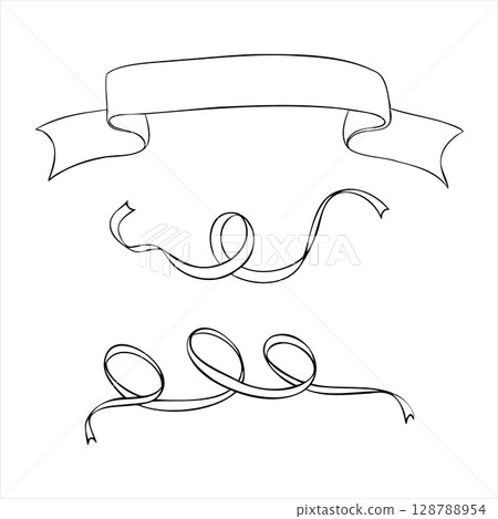 Vector Set of banner and ribbons, Hand drawn Outline illustration. Engraving black and white design for greeting card, invitation, tags, printing 128788954