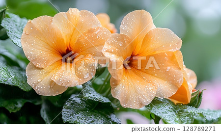Close-Up of Delicate Orange Flowers with Water Drops in a Lush Green Garden Scene 128789271