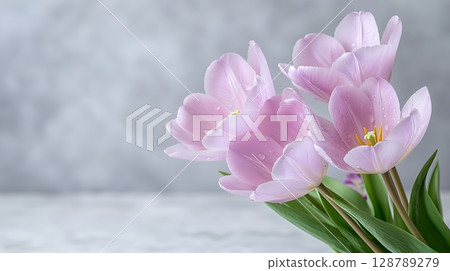 Fresh Pink Tulips with Dew Drops on Soft Gray Background for Nature and Floral Design 128789279