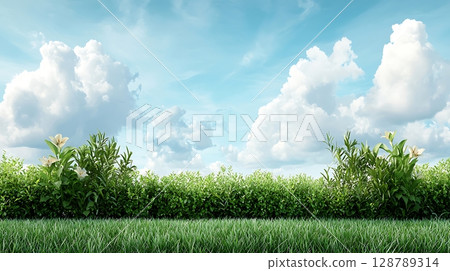 Lush Green Landscape with Vibrant Plants and Fluffy Clouds on a Clear Blue Sky 128789314