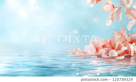 Serene Floating Blossoms with Soft Water Reflection and Gentle Blue Background 128789329