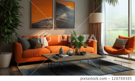 Cozy living room with an orange sofa, modern artwork, and natural light 128789385