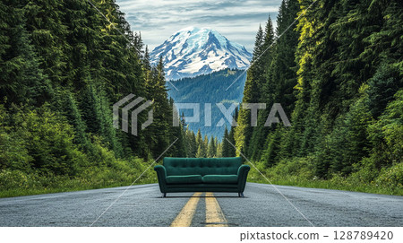 A serene forest road with a teal sofa invites viewers to embrace nature and comfort 128789420