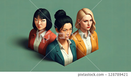 Three diverse women in stylish suits are portrayed in vibrant colors, symbolizing unity and strength 128789421