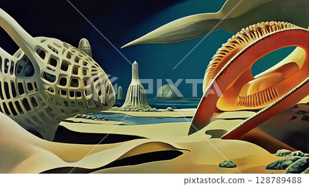 Surreal landscape with futuristic structures under a deep blue sky, blending curves and lines in harmony 128789488