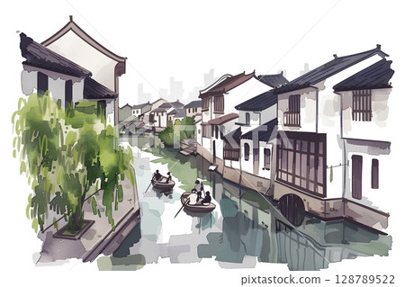 A beautiful watercolor painting of Kurashiki's cityscape 128789522