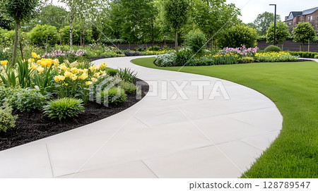 Serene Curved Path Through Beautifully Landscaped Garden with Colorful Flowers and Greenery 128789547