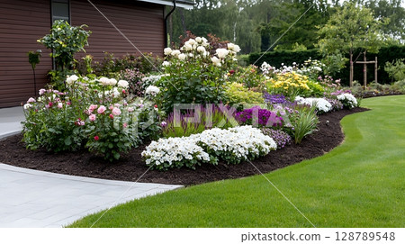 Beautifully Landscaped Flower Garden with Colorful Blooms and Vibrant Green Lawn 128789548
