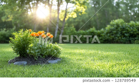 Vibrant Orange Flowers Growing in a Green Lawn During a Beautiful Sunrise 128789549