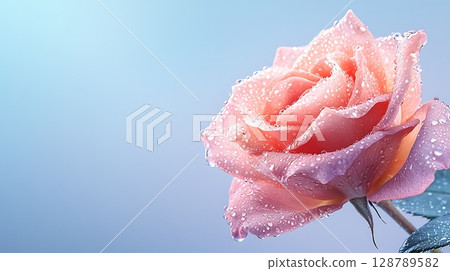 Close-Up of a Pink Rose with Water Drops on Petals Against a Soft Blue Background 128789582