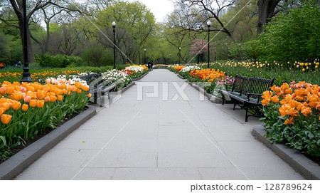 Vibrant Flower Pathway in a Park Surrounded by Colorful Tulips and Lush Greenery 128789624